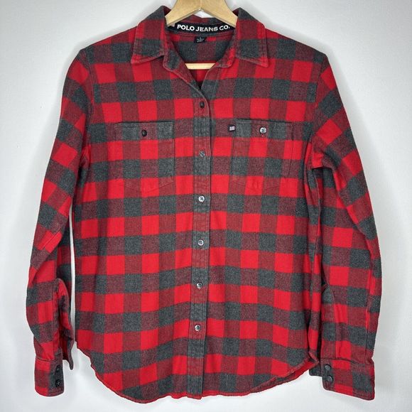 Polo Jeans Co. Womens Top L Red/gray Plaid Flannel Long Sleeve Button Up‎ - Picture 1 of 7
